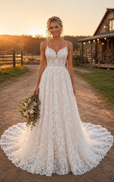 Boho Spaghetti Strap A-Line Lace Country Wedding Dress with Full Tulle Train