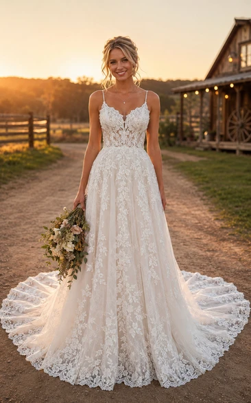 Boho Spaghetti Strap A-Line Lace Country Wedding Dress with Full Tulle Train