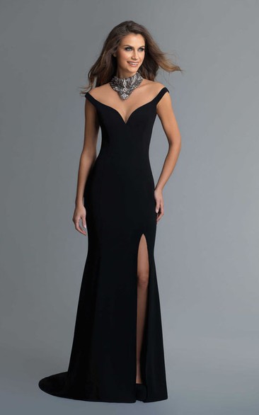 Sheath Long V-Neck Sleeveless Jersey Illusion Dress With Split Front