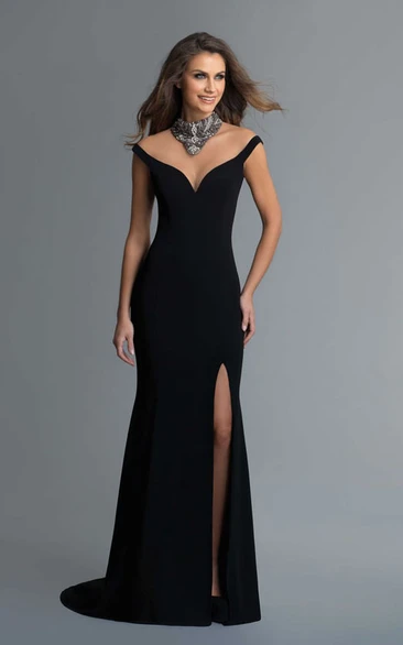 Sheath Long V-Neck Sleeveless Jersey Illusion Dress With Split Front