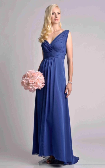 Crisscross V-Neck Chiffon Long Bridesmaid Dress With Ruching And Pleats