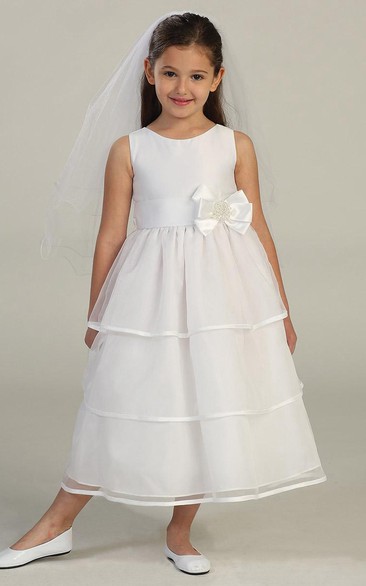 Sleeveless Bowed Organza&Satin Flower Girl Dress