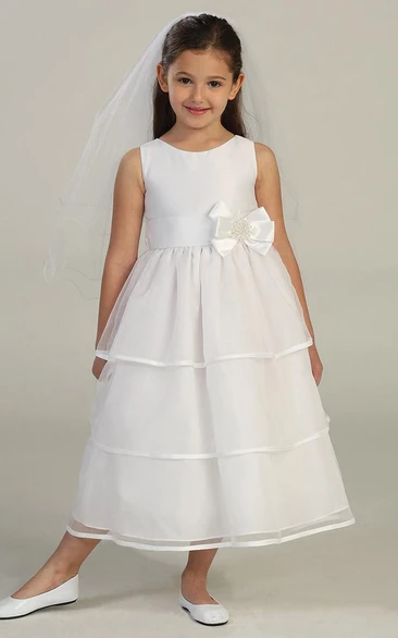 Sleeveless Bowed Organza&Satin Flower Girl Dress