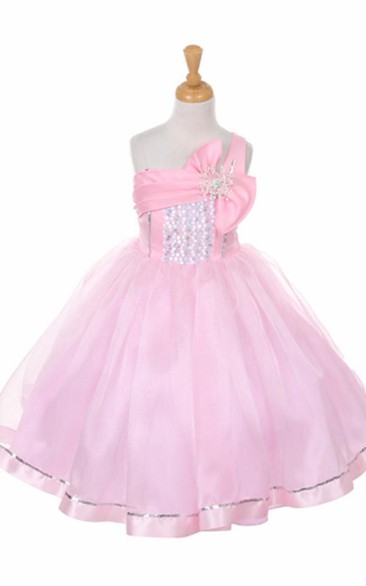 Tea-Length Broach Bowed Tiered Sequins&Organza Flower Girl Dress With Sash