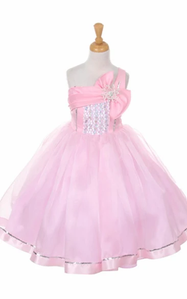 Tea-Length Broach Bowed Tiered Sequins&Organza Flower Girl Dress With Sash