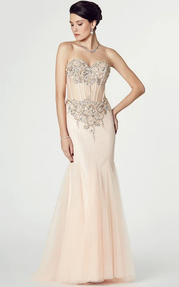 Mermaid Sleeveless Appliqued Sweetheart Tulle Prom Dress