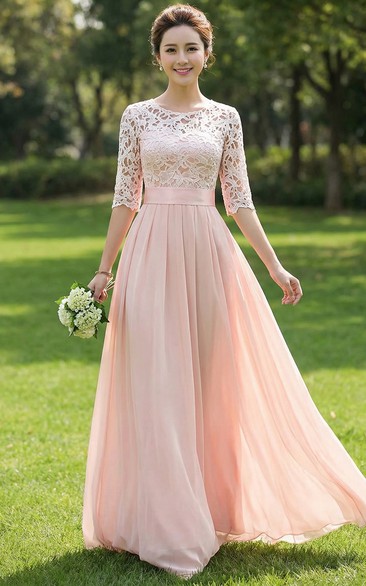 Lace Bodice Belted Chiffon Bridesmaid Gown