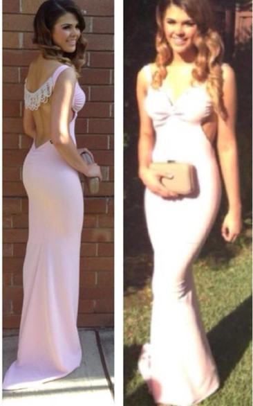 Sexy Mermaid Straps Pink Pearls Prom Dress Sweep Train Sleeveless