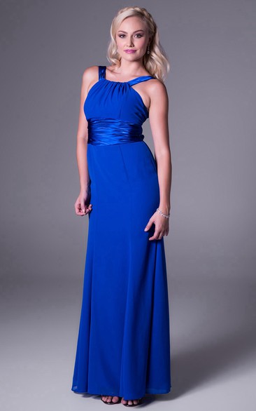 Ankle-Length Strapped Ruched Sleeveless Chiffon Bridesmaid Dress