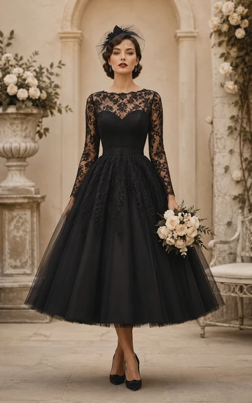 Black Tea-length Lace Tulle Tea-length Wedding Dress