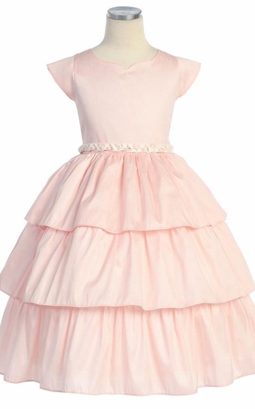 Tea-Length Cap-Sleeve Bowed Flower Girl Dress