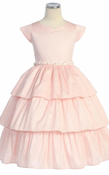 Tea-Length Cap-Sleeve Bowed Flower Girl Dress