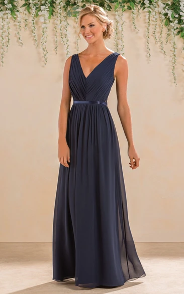 Sleeveless V-Neck A-Line Bridesmaid Dress With Lace Back And Pleats