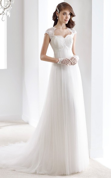 Cap Sleeve Draping Bridal Gown With Queen-Anna Neckline And Keyhole Back