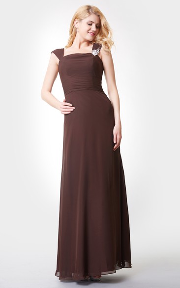 Square Neckline Long Chiffon Dress With Crystal Detailing