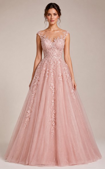 Illusion Lace Tulle Ball Gown