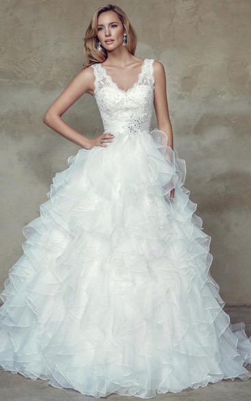 Ball-Gown Floor-Length V-Neck Appliqued Sleeveless Organza Wedding Dress With Cascading Ruffles And Low-V Back