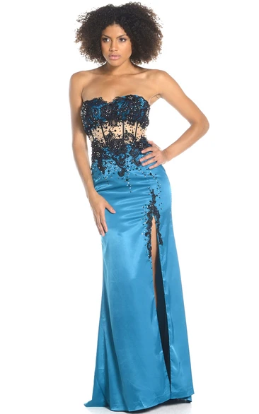 Sheath Split-Front Sleeveless Long Sweetheart Satin Prom Dress With Corset Back And Appliques