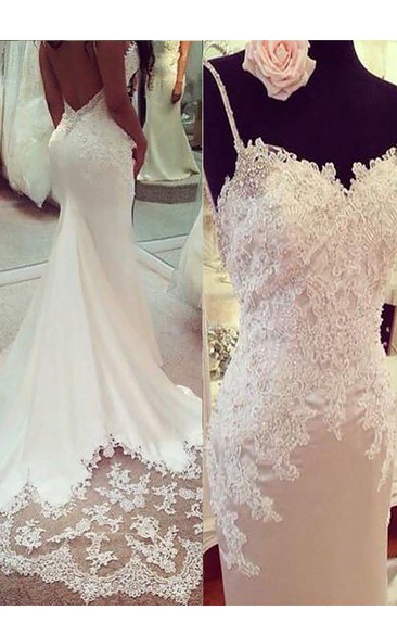 Trumpet Applique Spaghetti Straps Sleeveless Court Train Mermaid Wedding Dresses