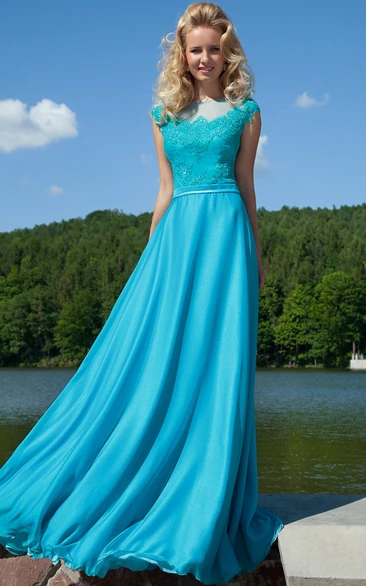 Long Appliqued Jewel-Neck Cap-Sleeve Chiffon Prom Dress With Bow