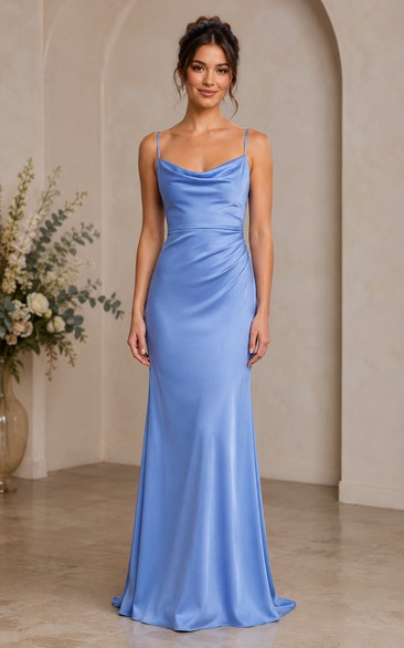 Sky Blue Cowl Neck Satin Sheath Bridesmaid Dress
