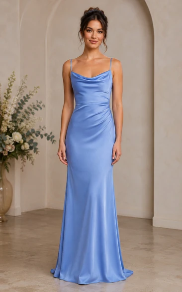 Sky Blue Cowl Neck Satin Sheath Bridesmaid Dress