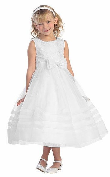 Tea-Length Pleated Tiered Lace&Organza Flower Girl Dress