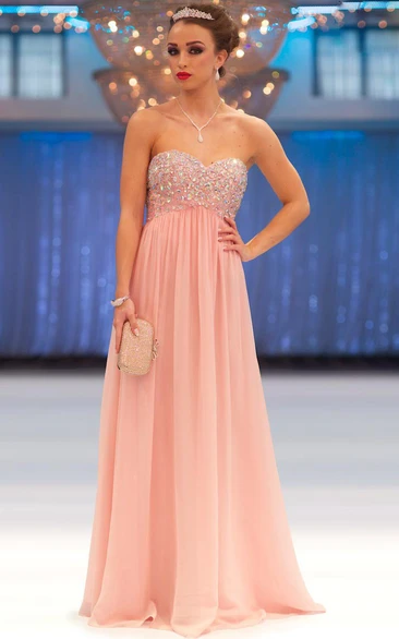 A-Line Beaded Sweetheart Empire Sleeveless Long Chiffon Prom Dress With Pleats