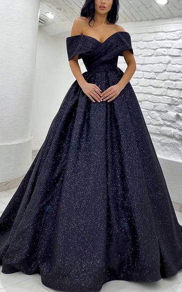 Black Off-the-shoulder Sequin A-line Ball Gown Prom Dress