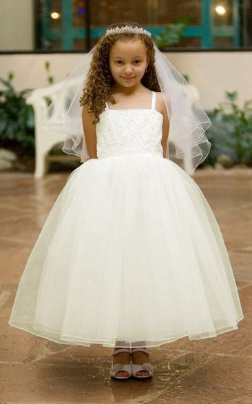 Spaghetti Tea-Length Tiered Criss-Cross Tulle&Lace Flower Girl Dress With Straps