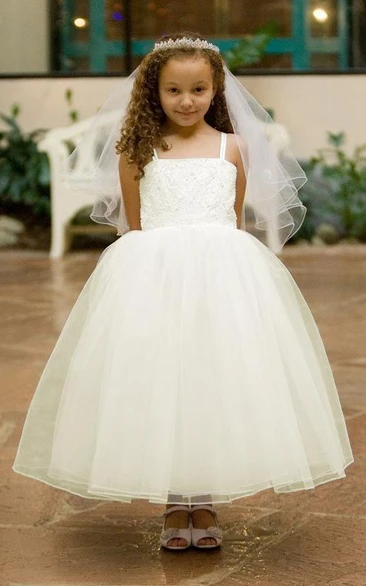 Spaghetti Tea-Length Tiered Criss-Cross Tulle&Lace Flower Girl Dress With Straps