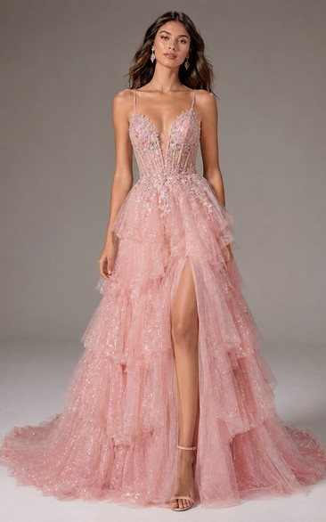 Blush Layered Tulle Ruffle Formal Gown with Split