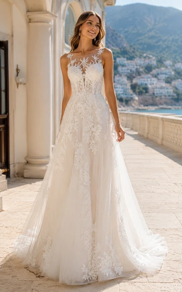 Ivory Illusion Tulle A-line Wedding Dress with Lace
