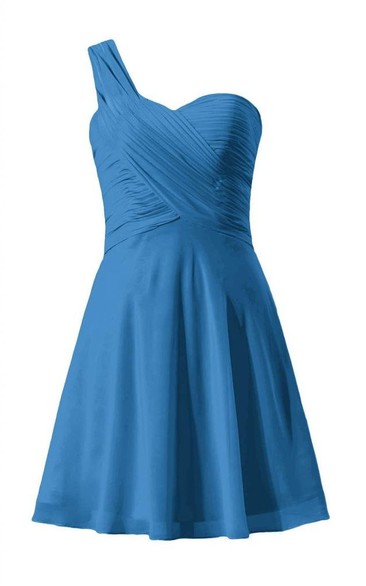 One-shoulder Ruched Bodice Knee-lengh Layered Chiffon Dress