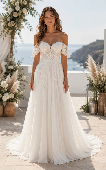 Off Shoulder A-Line Lace Wedding Dress with Sweetheart Bodice and Tulle Train