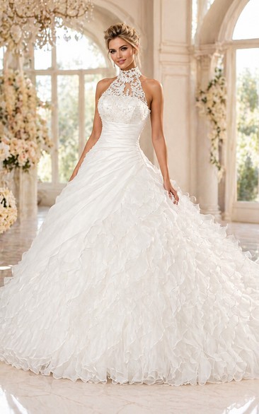 Gorgeous Ruffles Lace High Neck Wedding Dress Court Train Zipper