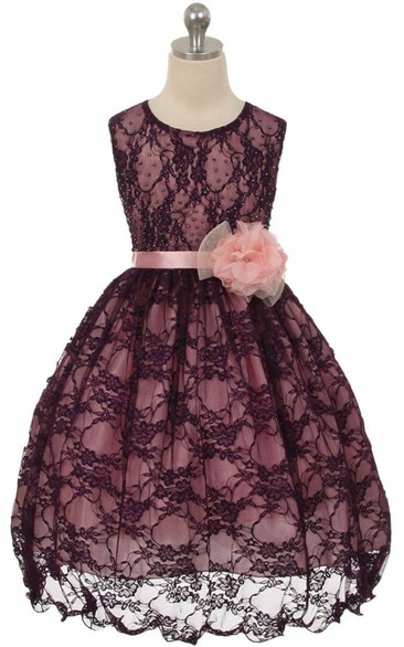 Tea-Length Floral Beaded Lace&Satin Flower Girl Dress With Sash