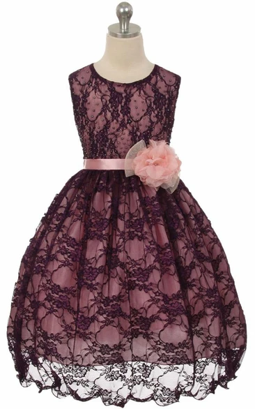 Tea-Length Floral Beaded Lace&Satin Flower Girl Dress With Sash
