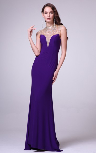 Sheath High Neck Sleeveless Jersey Backless Dress With Beading