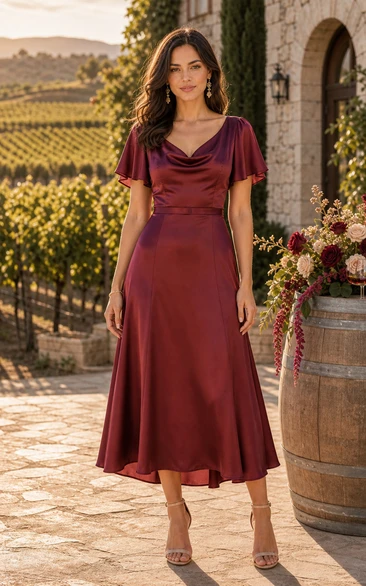 Burgundy Satin Cowl Flutter Sleeve Tea-length A-Line Dress
