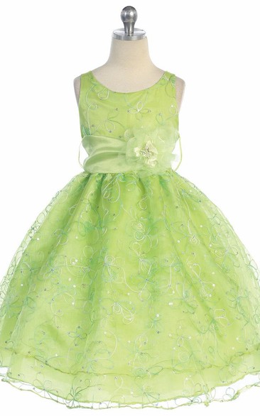 Tea-Length Embroideried Floral Sequins&Organza Flower Girl Dress With Sash