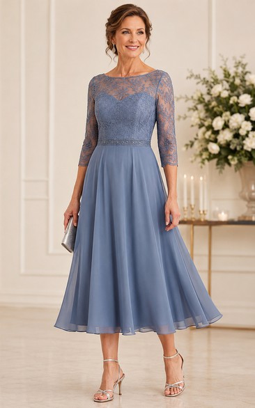 Steel Blue Tea Length Lace Mother Dress Steel Blue Bateau Jewel A-Line Tea-length