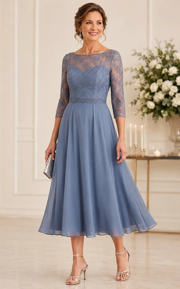 Steel Blue Tea Length Lace Mother Dress Steel Blue Bateau Jewel A-Line Tea-length