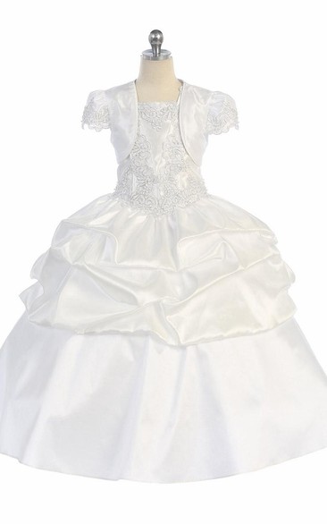 Knee-Length Appliqued Ruched Beaded Lace&Sequins Flower Girl Dress With Sequins