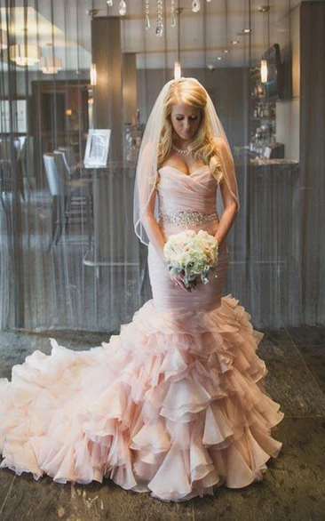 Sweetheart Tiered Train Organza Mermaid Wedding Dress Styles with Beading