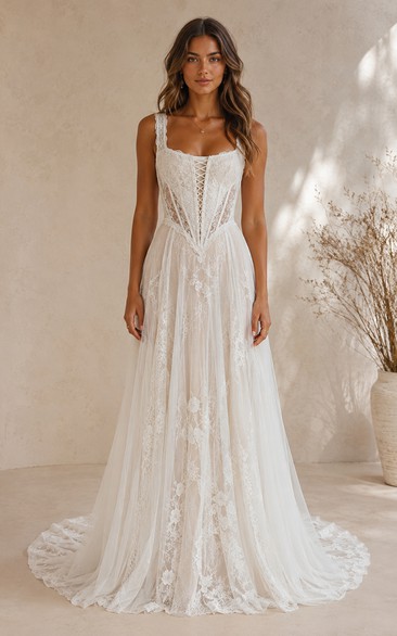 Boho A-Line Wedding Dress Sleeveless Square Neck Tulle Lace Applique Lace-Up Back Corset Back Floor Length Chapel Train Ivory