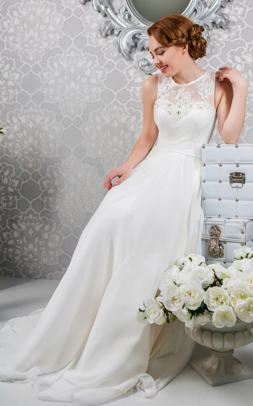 A-Line Appliqued Scoop-Neck Floor-Length Sleeveless Chiffon Wedding Dress With Pleats