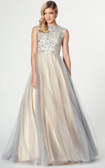 A-Line Floor-Length Sleeveless Beaded Jewel Tulle&Satin Prom Dress With Low-V Back