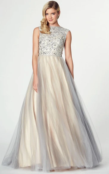 A-Line Floor-Length Sleeveless Beaded Jewel Tulle&Satin Prom Dress With Low-V Back