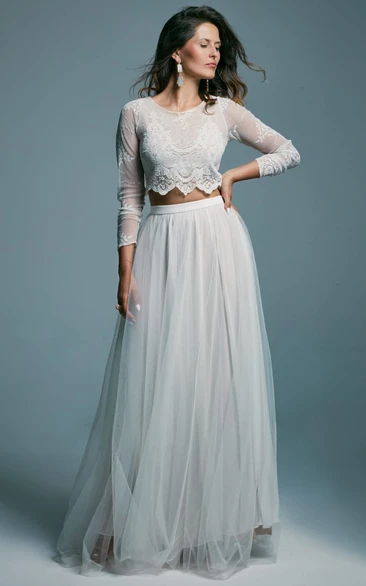 Scoop-neck Long Sleeve Two Piece Tulle Wedding Dress with Illusion Top